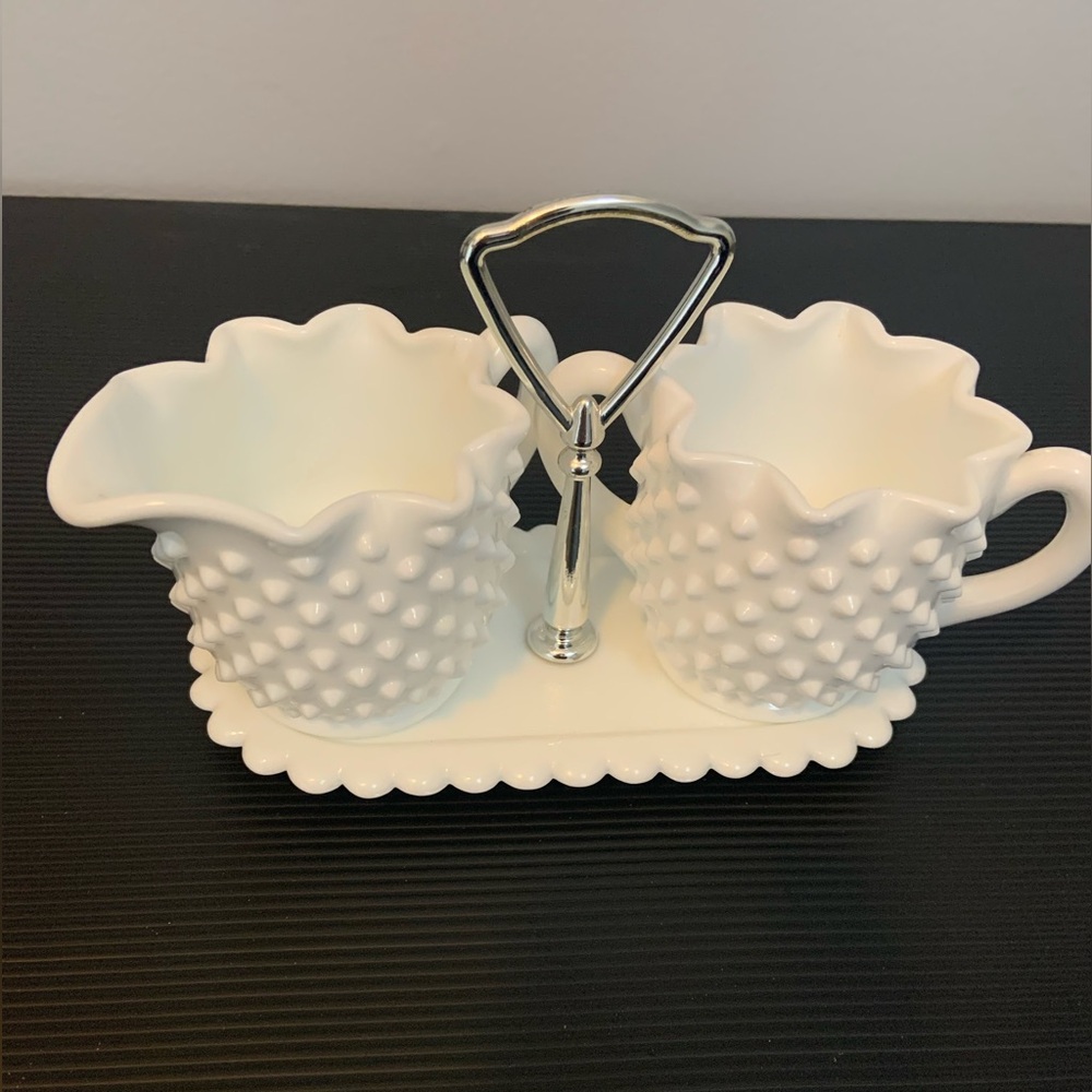 FENTON White Hobnail Creamer and Sugar Set